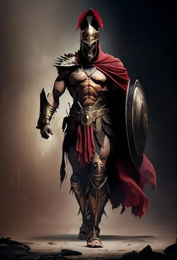 Premium Photo | A warrior with a shield and a shield on his chest stands in a dark background.