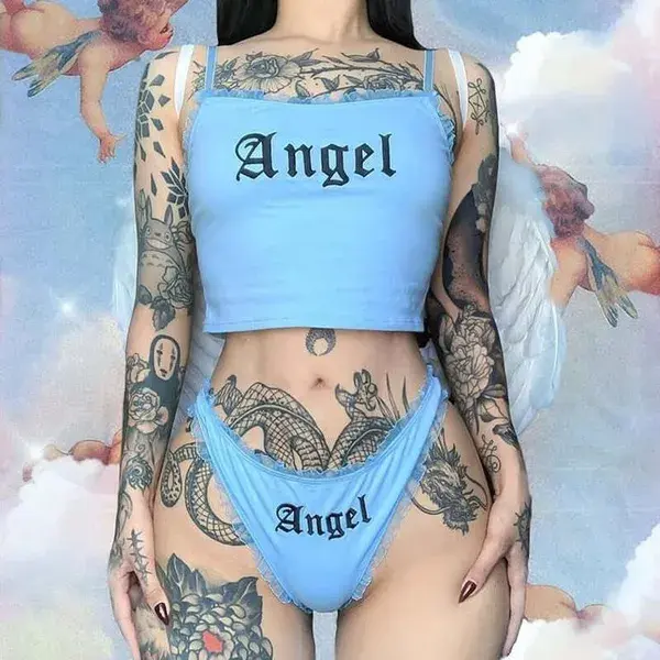 Angel Letter Print Set Sleeveless Crop Top Lace Brief Two Piece Set