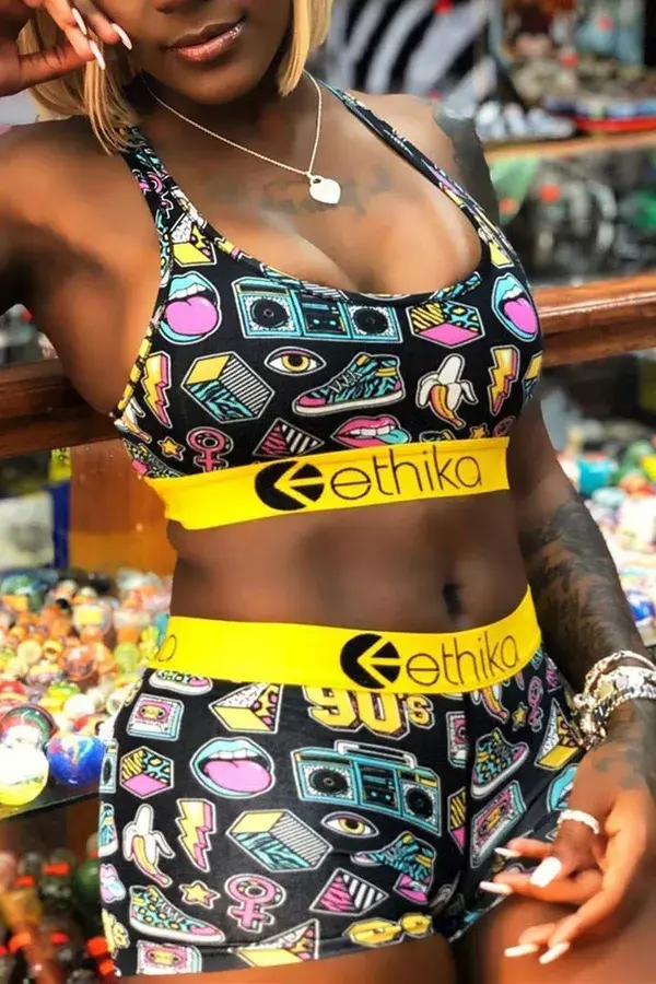 Sexy Casual Digital Print Swimsuit Yellow-L