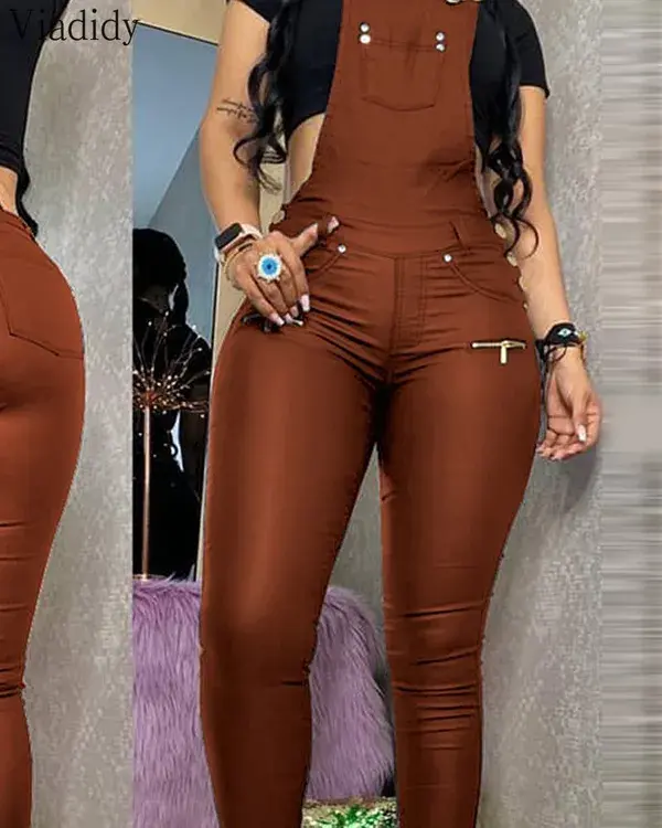 Women Fashion Buckled Zipper Design PU Suspender Jumpsuit - Burgundy / XL