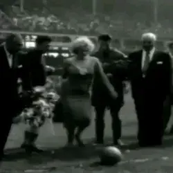 ‬‏On May 12th 1957 Marilyn kicks off the USA vs Israel football match at Ebbets Field