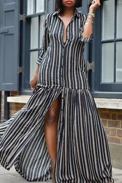 Striped Patchwork Buttons Maxi Dresses [Pre Order] - Blue / M