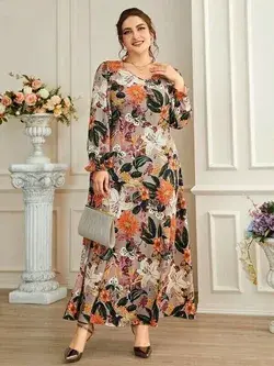 Plus Allover Floral Print Wedding Guest Dress/Floral A-Line Maxi Dress