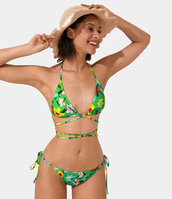 Halara Ditsy Floral Crisscross Tie Back Bikini Top - Floral Green - M