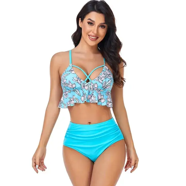 2023 High Waist Bikini Women Floral Print Swimsuit Swimwear Female Padded Beachwear Bikinis Set Bathing Suit Biquine Lake Blue-XXL