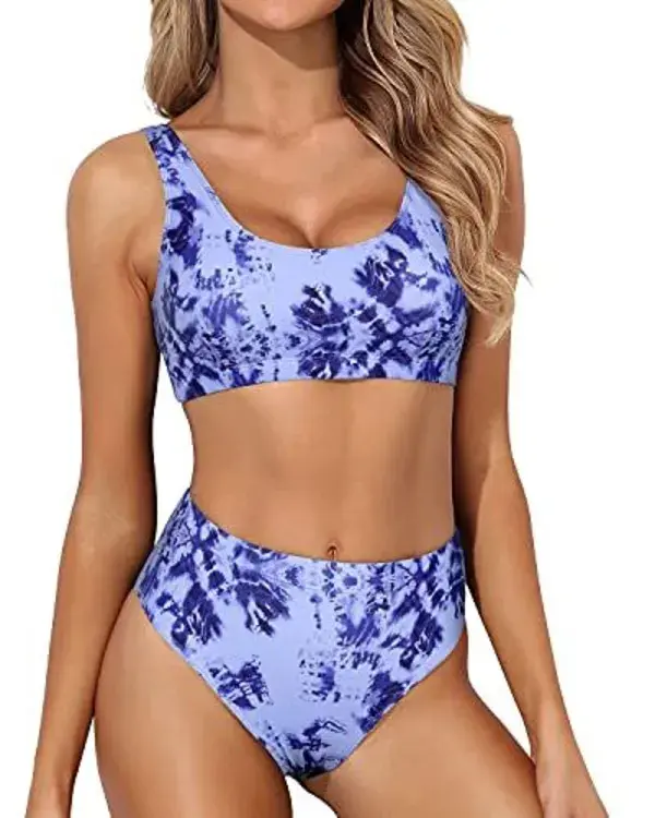 Scoop Neck Sporty High Waisted Bikini Set-Blue Tie Dye - L / blue tie dye1