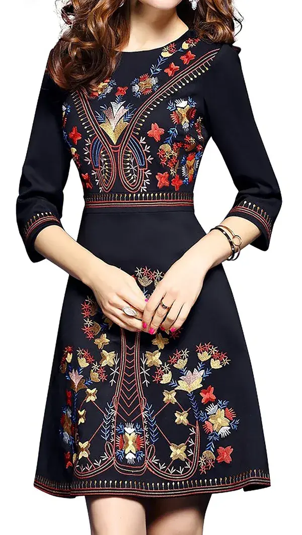 Women's Premium Embroidered Floral Round Neck Cocktail Formal Mini Dress