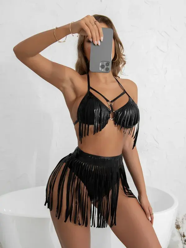 3pack PU Fringe Detail Ring Linked Bikini Swimsuit & Beach Skirt