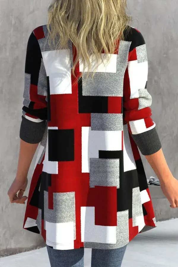 Patchwork Geometric Print Red Shirt Collar Coat