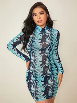 Splash Print Mock Neck Sheer Mesh Bodycon Dress Without Panty