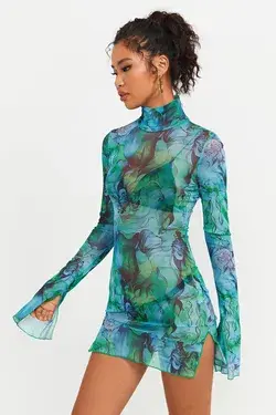 Abstract Print Split Hem Mesh Long Sleeve Mini Dress Without Underwear - MediumTurquoise / S