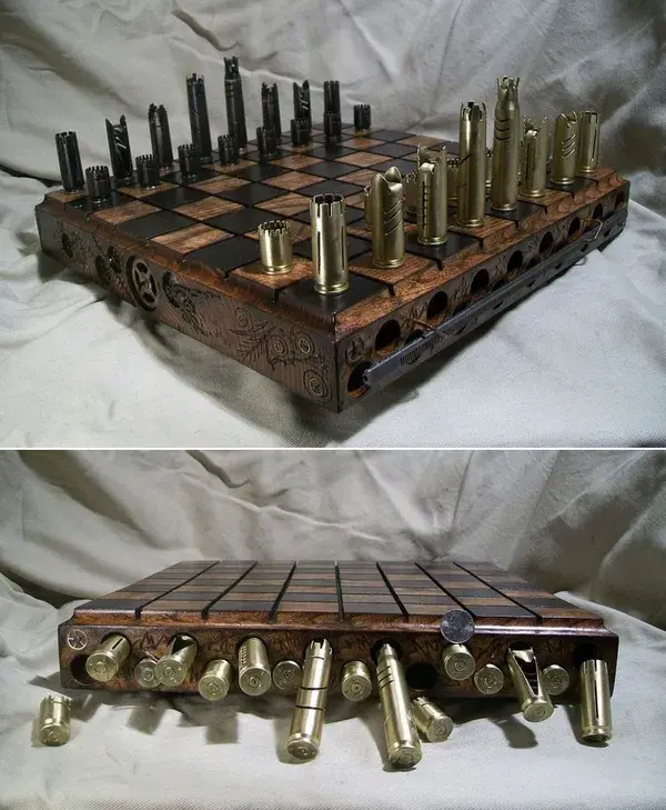 Steampunk-Inspired Chess Set Having Bullet Shell Pieces 