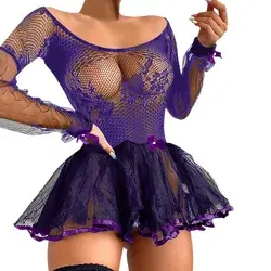 Uaang Erotic Costumes Women Sexy Plus Size Lace Lingerie Perspective Mesh Babydoll Dress Women's Underwear Black Lingerie Sexy 5XL purple-S-China