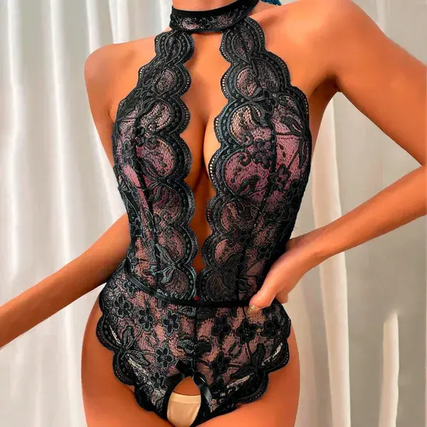 Sexy Teddies Bodysuit Lace Womens Bodysuit Sexy Lingerie Deep V Neck Jumpsuit Pajamas Hollow See-Through Teddy Bodysuit Lingerie A-Black-XXL