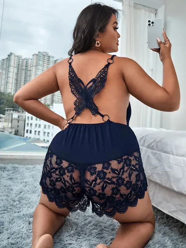 Plus Contrast Lace Backless Ring Linked Sleep Romper