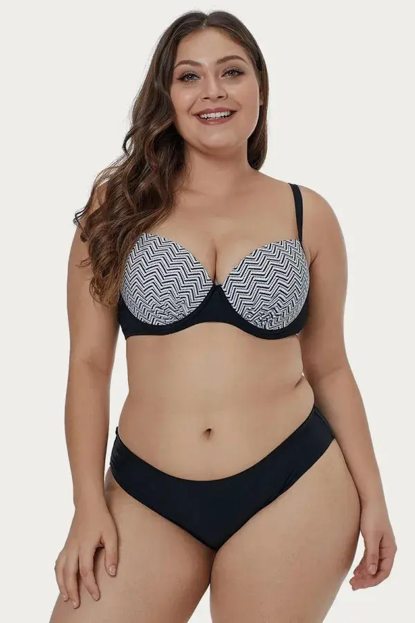 Waves Print Plus Size Bikini Set - Black / L