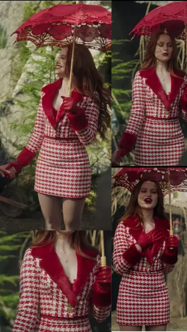 cheryl blossom iconic red houndstooth suit set riverdale fashion outfit inspiration