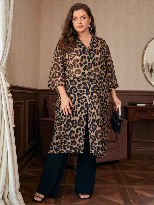 Plus Leopard Lapel Collar Chiffon Blouse