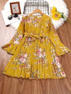 Girls Floral Print Flounce Sleeve Pleated Hem Belted Dress