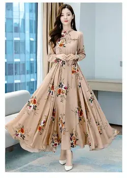 Women's Long-sleeved Waist Slimming Printed Dress