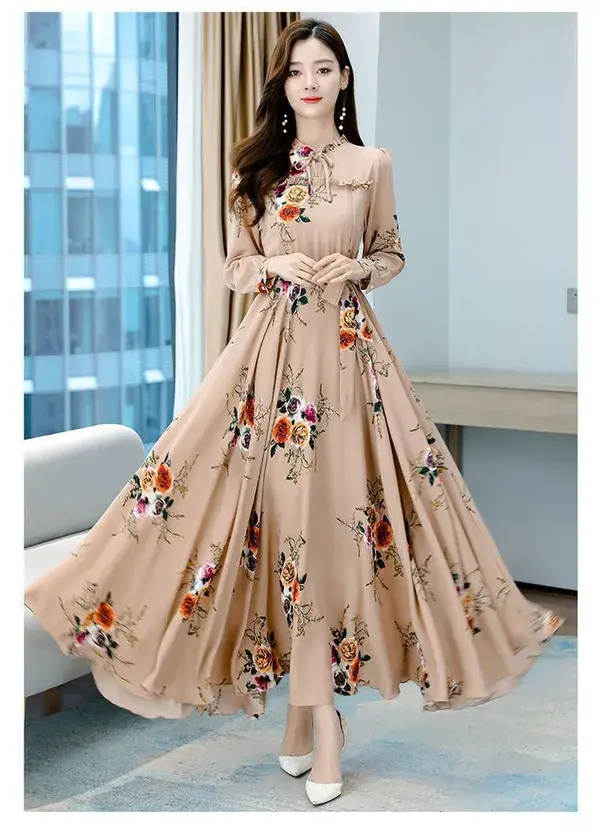 Women's Long-sleeved Waist Slimming Printed Dress