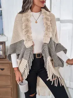 Fuzzy Trim Fringe Hem Batwing Sleeve Duster Cardigan