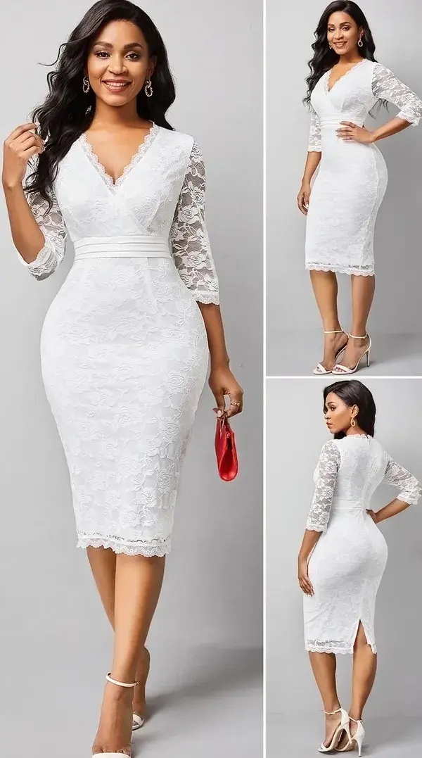 3/4 Sleeve Lace V Neck Dress