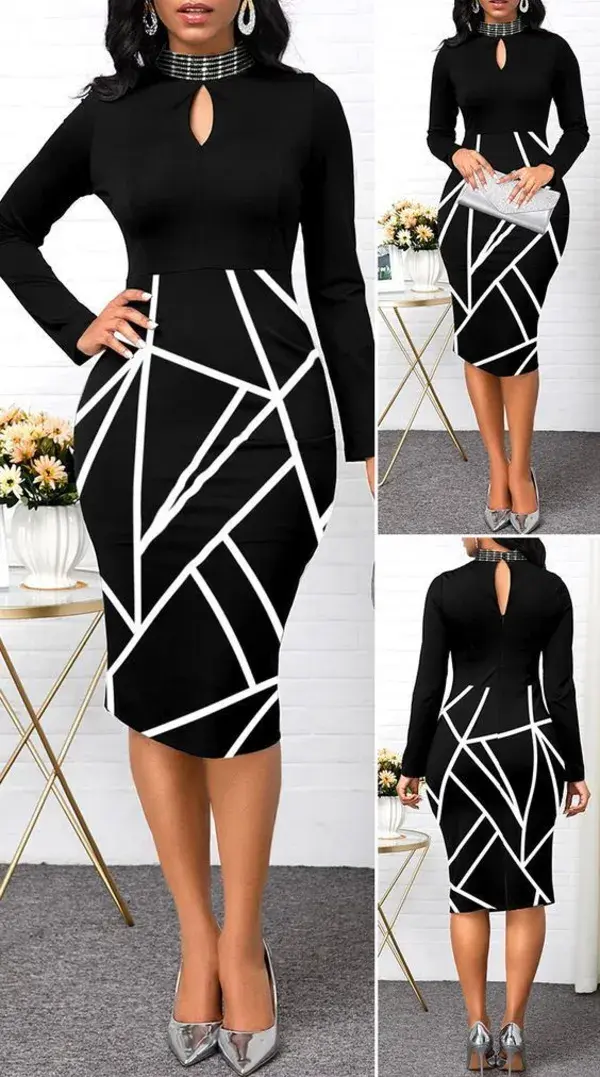 Keyhole Neckline Geometric Print Long Sleeve Dress