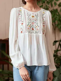 Floral Embroidery Lantern Sleeve Blouse