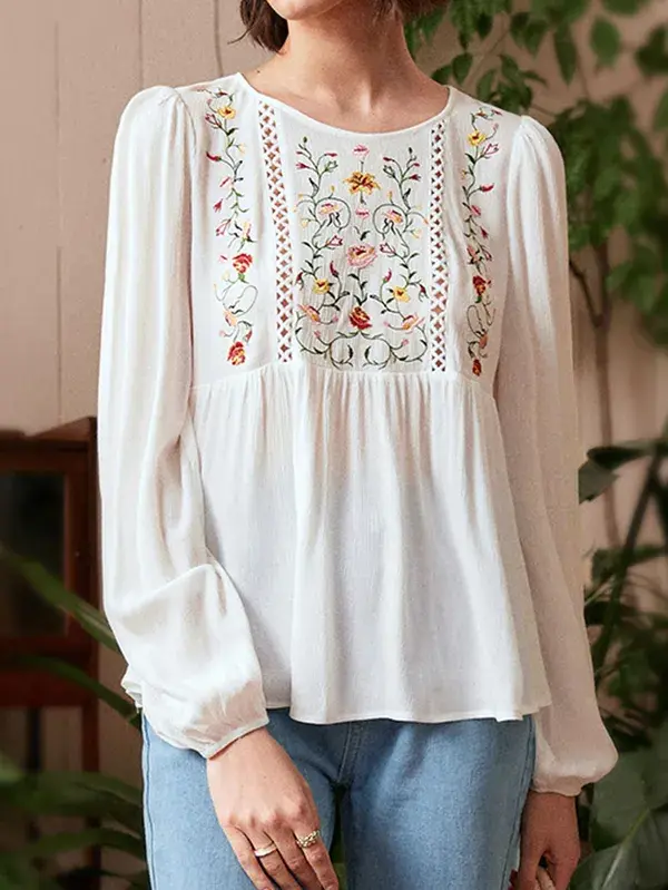 Floral Embroidery Lantern Sleeve Blouse