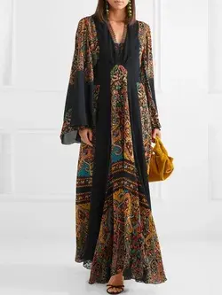 Retro Bohemian Color Block Panel Maxi Dress Black-M