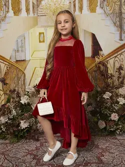 Girls Lantern Sleeve High Low Ruffle Hem Velvet Dress