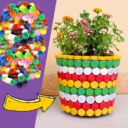 Casting colorful flower pots from cement and plastic bottle caps