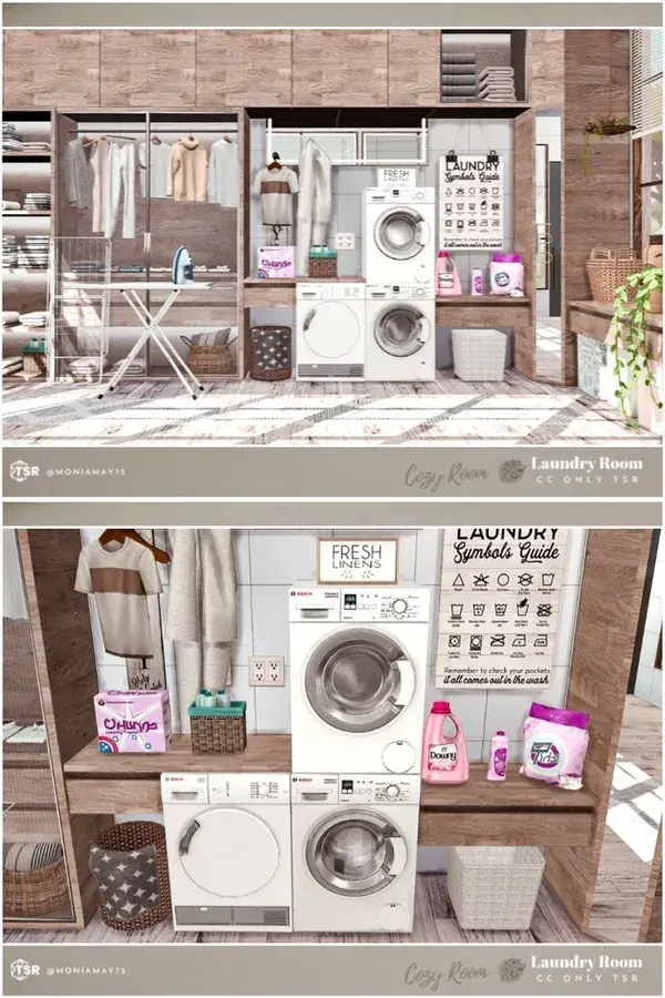 The Sims 4 Cozy Laundry Room. Custom Content was used. Download on The Sims Resource.