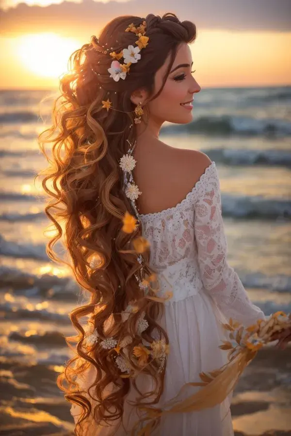 Lady with long blonde hair decorated with flowers