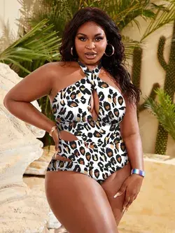 Plus Leopard Cut-out Criss Cross One Piece Swimsuit