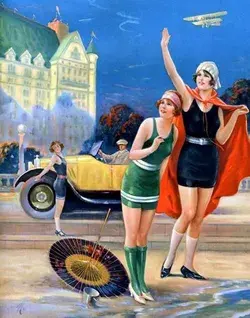 "late-1920s-pin-up illustration by Charles relyea, art deco era swimsuits, resort art, old cars,  11 x 14"  premium Luster photo paper"