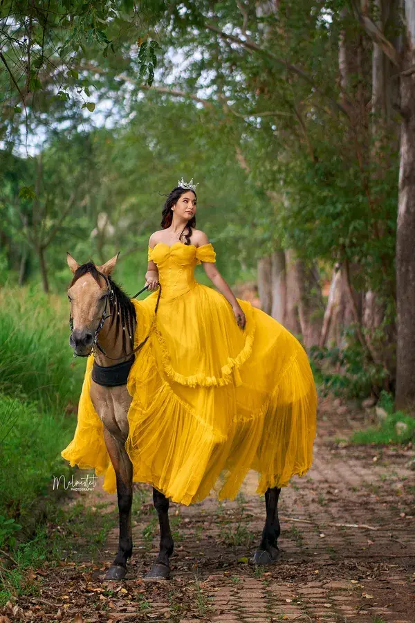 Ensaio debutante, vestido amarelo, bela e a fera