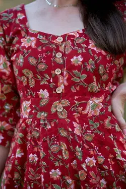 Scarlett-Dress,Floral,Hand Block Printed,Bohemian,Red,Casual,Occasional,Pure Cotton,Handmade,Ethical Fashion,Panelled,Limited Edition