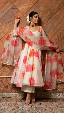 Attractive Flower Print with Handwork White Anarkali Kurti with Pant and Duppatta