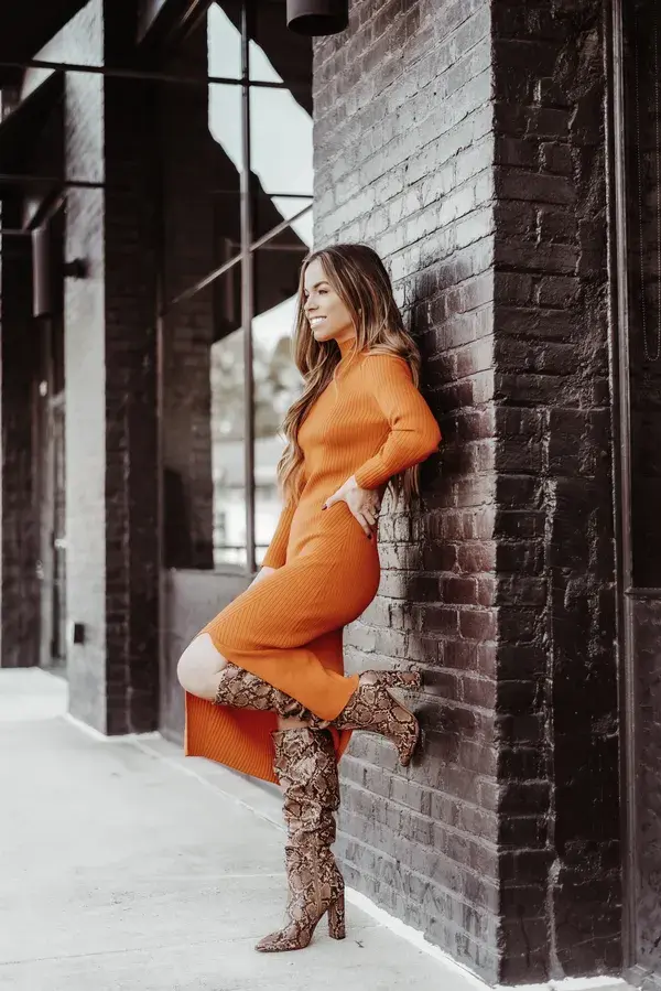 Midi Sweater Dress and Slouchy Snakeskin Boots