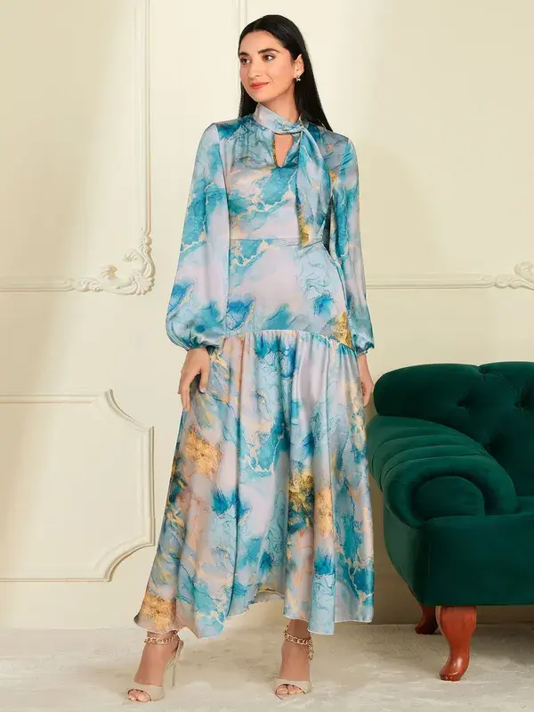 Marble Print Tie Neck Lantern Sleeve Ruffle Hem Dress