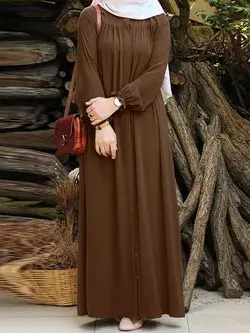 Women Solid Color Pleated Puff Sleeve Robe Vintage Maxi Dress