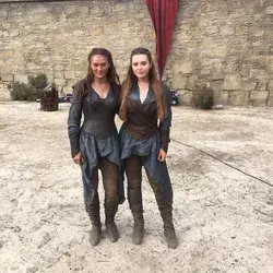 Katherine Langford with her body double from the sets of Cursed