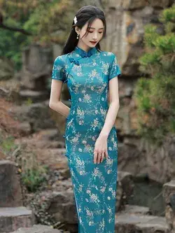 Blue Modified Version Of Vintage Elegant Printed Qipao Dress,Chinese Retro Cheongsam,Custom Qipao