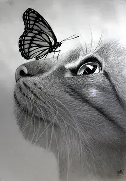 Lifelike graphite drawing of cat and butterfly - incredibly realistic hand drawn from photo