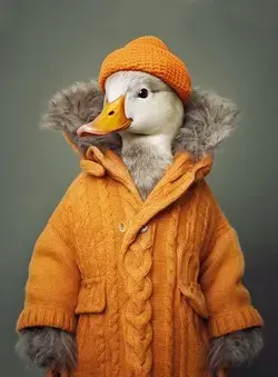 A duck wearing an orange coat