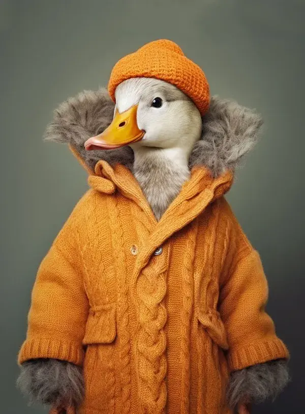 A duck wearing an orange coat