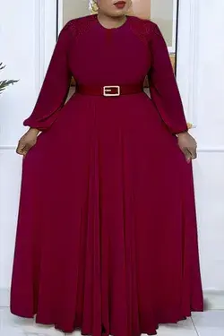 Fashion Casual Solid Split Joint With Belt O Neck Long Sleeve Plus Size Dresses - Burgundy / 3XL