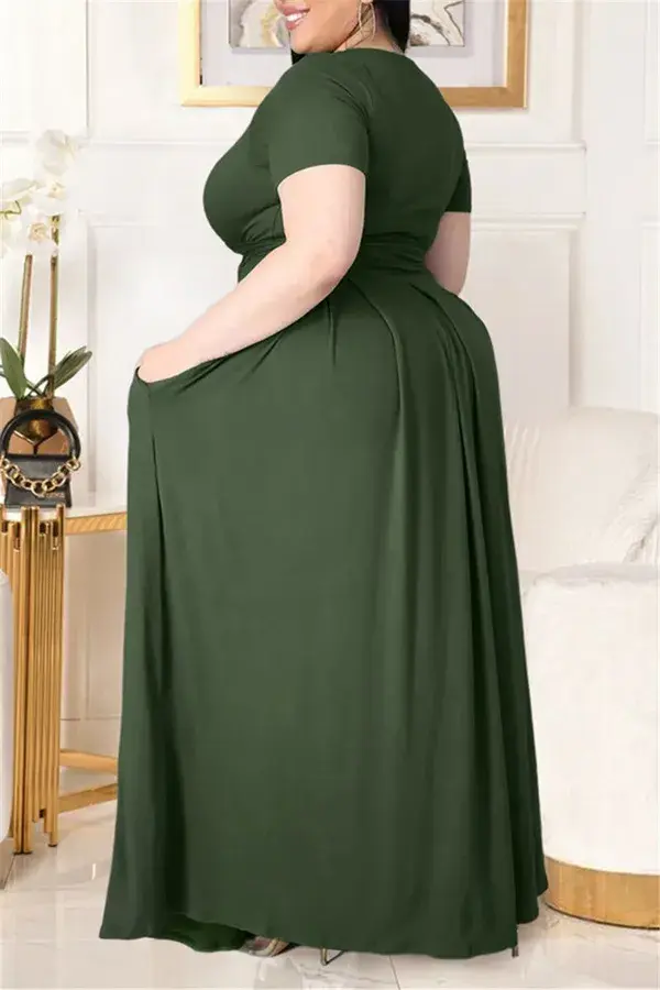 Fashion Casual Solid Basic O Neck Plus Size Two Pieces - Green / 5XL